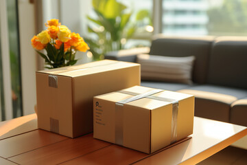generated Illustration of brown cardboard box on table in living room