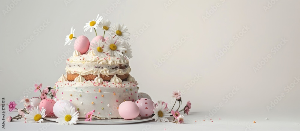 Aufkleber Easter-themed greeting card featuring a cake decorated with flowers on a white background, ideal for adding text in the copy space image.