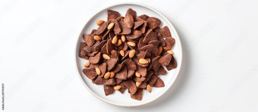 Poster top view of chocolate almond thin chips on a plate against a white background with copy space image.
