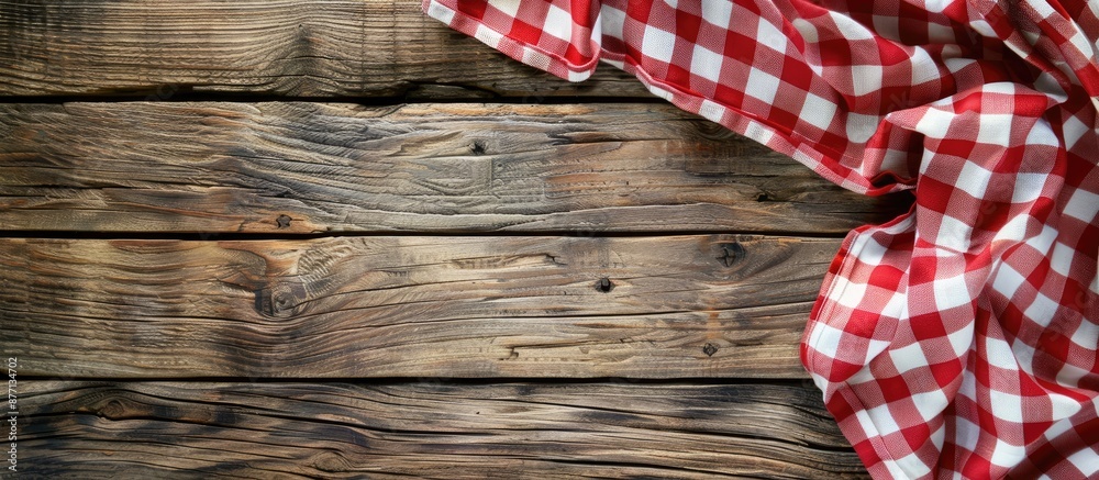 Aufkleber Checkered red and white tablecloth displayed on wooden background with copy space image.