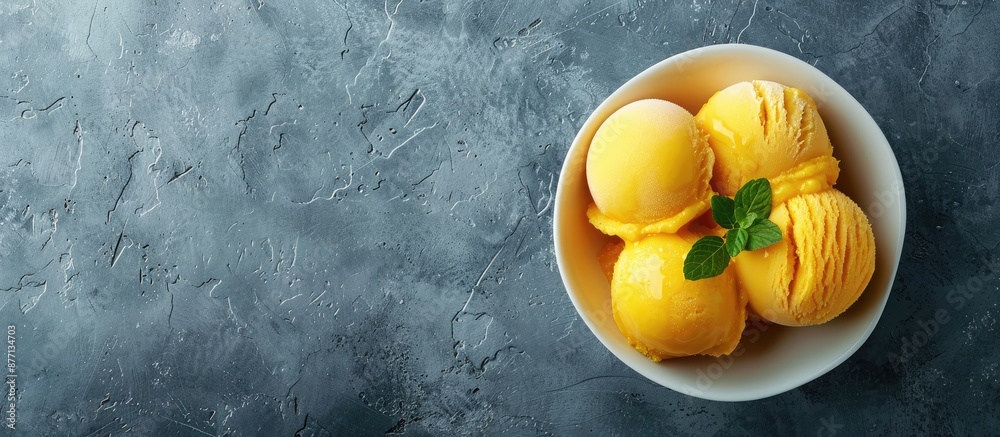 Poster homemade mango ice cream or sorbet in a bowl on a gray background with room for copy space image.