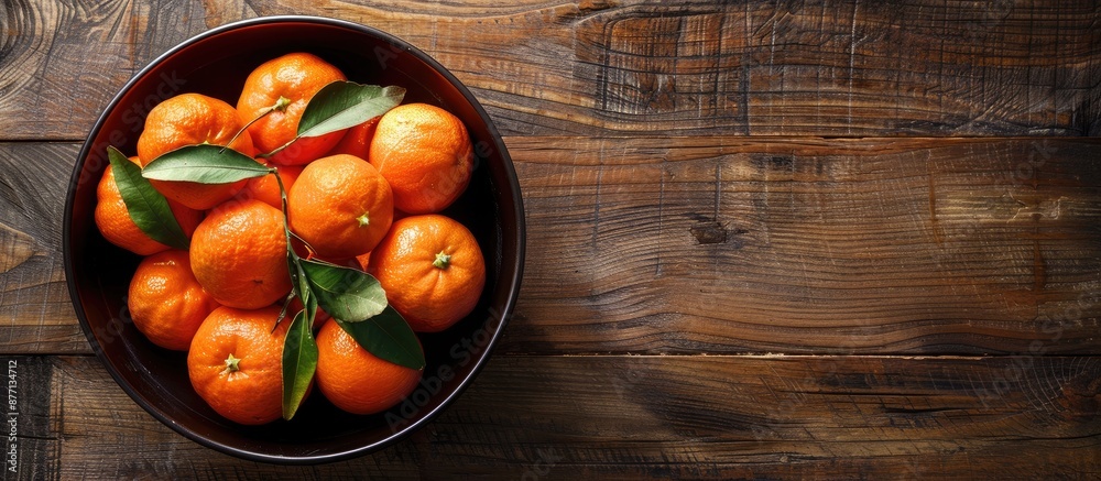 Poster bowl filled with sweet tangerines on a wooden backdrop with ample copy space image.
