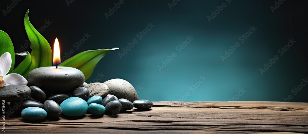 Poster a serene spa ambiance with lava beads arranged on a wooden surface, creating a tranquil copy space i