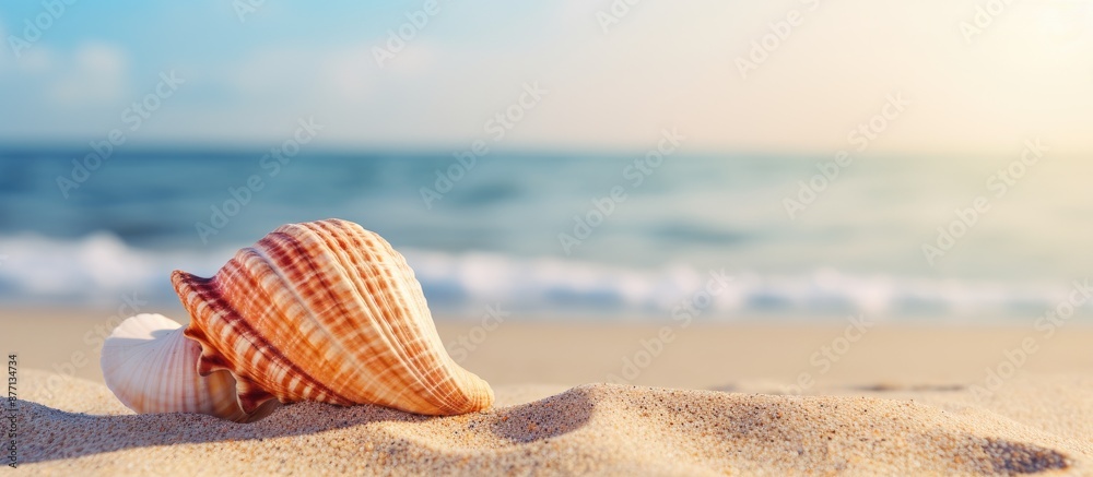 Poster Seashell on the sandy beach background with copy space image.