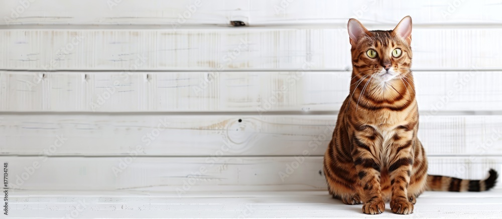 Poster a bengal cat is seated on a white wooden surface with a blank background providing copy space image.