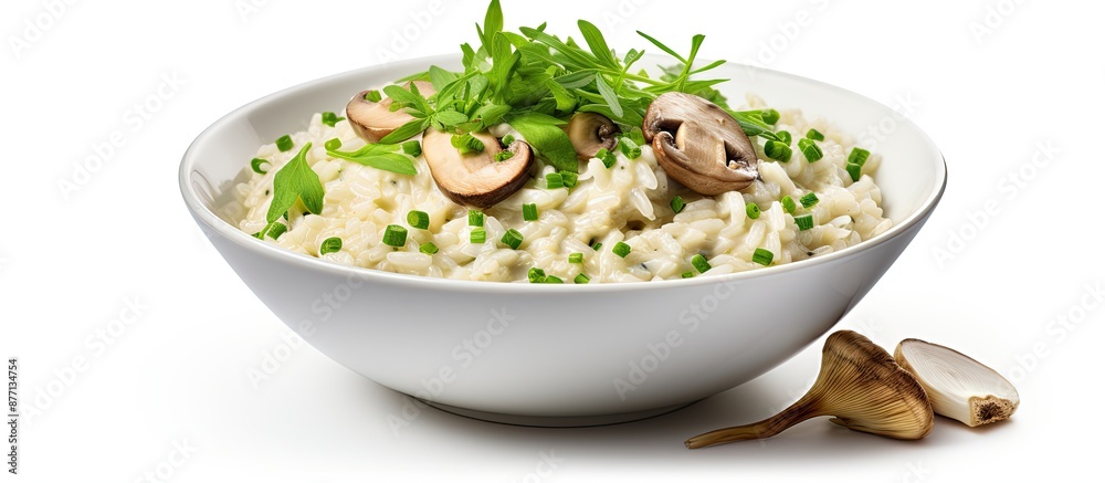 Aufkleber Top view of a mushroom risotto on a white background with copy space image available.