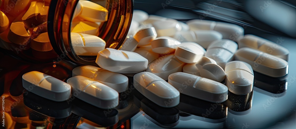 Aufkleber White oval pills displayed with a dark glass bottle on a black mirror background, creating a striking composition with copy space image.