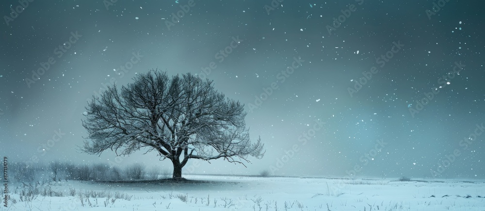 Aufkleber winter landscape featuring a stunning tree captured during a snowy late evening with a serene ambian