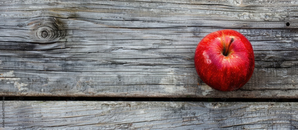 Poster A vibrant red apple resting on a rustic brown frame atop a gray wooden surface in a top-down view with copy space image included.
