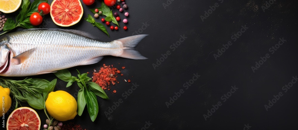 Aufkleber fresh dorado fish and cooking ingredients displayed on a black slate table from a top view perspecti