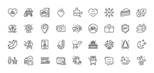 Moon, Christmas tree and Marketplace line icons pack. AI, Question and Answer, Map pin icons. Cake, Circus, Shopping trolley web icon. Honeymoon travel, Smile chat, Bike app pictogram. Vector