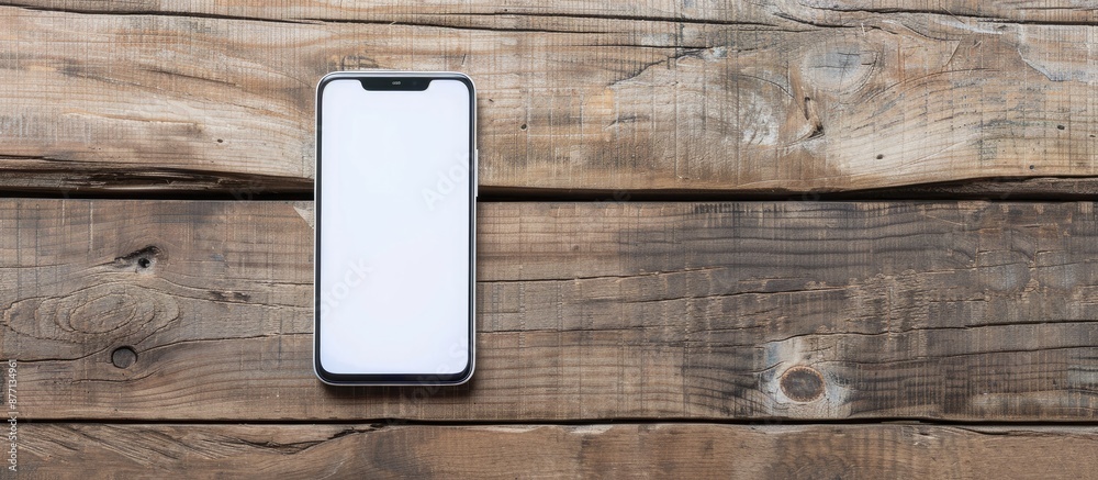 Aufkleber smartphone with a white exterior laid on a wooden surface with a clear area for additional content i