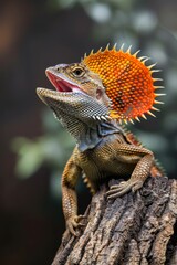 Obraz premium A tight shot of a lizard on a tree branch, mouth agape, holding a ball in its maw