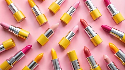 Obraz premium Close-up of yellow and pink lipsticks on a bright pink surface. Bright pop up background with repeating cosmetic products for screensaver, banner, advertisement, card