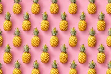 Close-up of pineapples sitting on a bright pink surface with soft sunlight casting shadows. Bright pop up background with repeating fruits for splash screen, banner, advertising