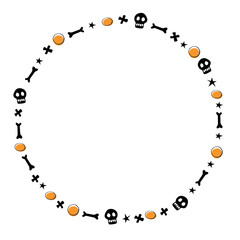 Halloween circle frame, border from small bones, skulls, crosses, other symbols isolated on white background in flat style. Vector design element