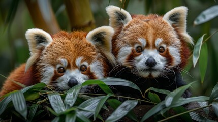 Obraz premium Two adorable red pandas peeking through green foliage