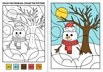 Solve the problem. Snowman, winter landscape. Color the picture. Coloring book. Cartoon, vector