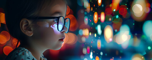  child in front of vitrual screen using artificial intelligence. Concept of cyberspace and future education.