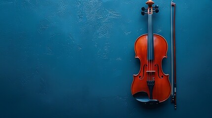 Fototapeta premium Violin and bow resting against a blue textured background