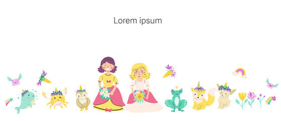Childrens fairy background for cover, postcard, greeting card. Magic characters banner or celebration poster.