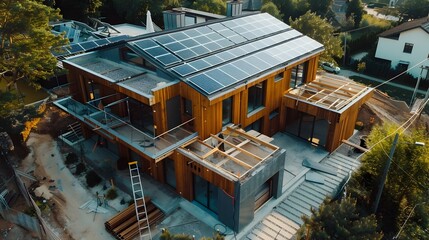 Obraz premium Eco-Friendly Home Under Construction with Solar Panels for Sustainable Living
