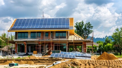 Fototapeta premium Eco-Friendly House Under Construction with Solar Panels for Sustainable Building