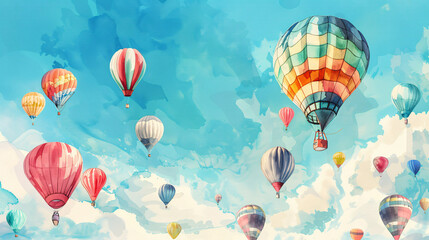 Fototapeta premium Albuquerque International Balloon Fiesta with Hot Air Balloon Flying in the Sky at a Festival Colorful Watercolor Illustration.