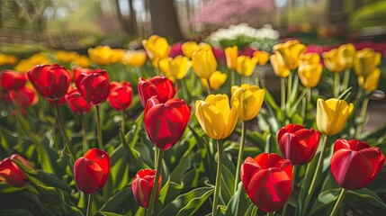 Fototapeta premium Red and yellow tulips in a garden, Canada