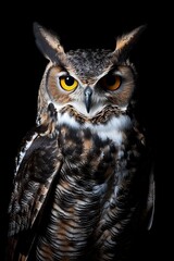 Obraz premium A tight shot of an owl against a black backdrop, with a yellow-eyed one dominating the frame