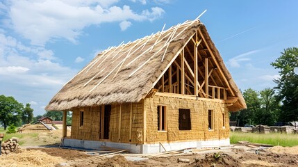Quaint Thatched Cottage Under Construction in Pastoral Countryside