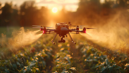 Capturing Modern Farming: Drone Silhouette at Sunrise. Digital modeern farming equipment in action under golden sunlight in countryside. Agricultural spraying or watering. Agriculture IOT industry.