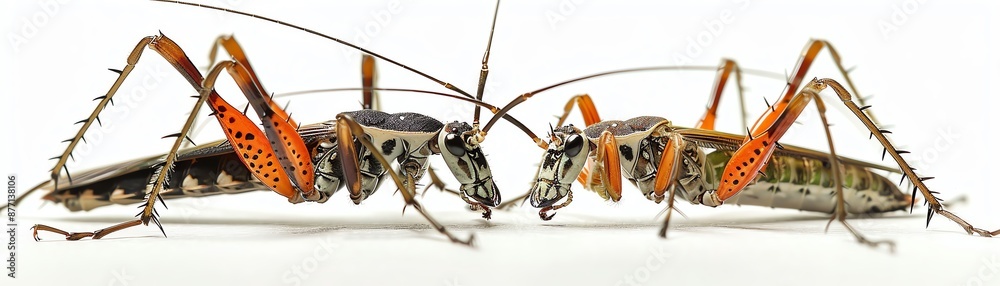 Wall mural two brown and orange crickets facing each other.