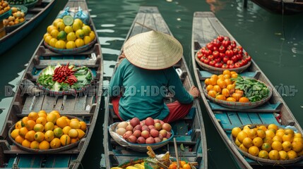 Fototapeta premium A bustling floating market in Vietnam with boats filled with colorful fruits and vegetables. Capture a local vendor wearing a traditional conical hat for authenticity 