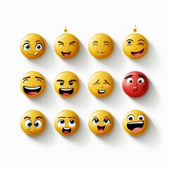 Fototapeta premium 3D rendering of a set of 12 round yellow emojis with different funny faces isolated on a white background, ideal for social media and communication concepts