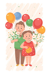 Cute children with flowers and balloons.Vector illustration for congratulations on birthday, happy mother's day or father's day.
