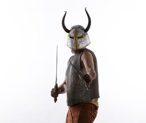 portrait of a male Viking warrior on a white background