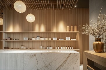 Minimalist Beauty Salon Counter with White Marble and Wooden Shelf