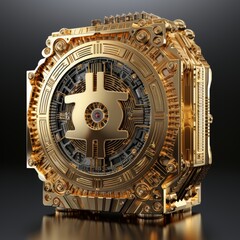 Obraz premium Elaborate golden bitcoin symbol on dark background with detailed intricate designs