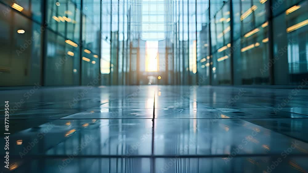 Poster the polished floor of an office building lobby reflects the bright sunlight filtering through the gl