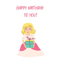 Childrens birthday card template. Celebration design for anniversary. Cute princess with gift.