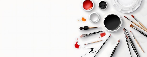 illustration of a travel ink paints kit with compact ink bottles, portable brushes, and foldable papers, copy space for text, focus cover all objects, deep depth of field, nodust