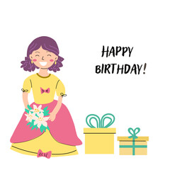 Childrens birthday card template. Celebration design for anniversary. Cute princess with gift.