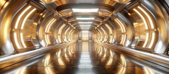 Obraz premium Futuristic Metal Corridor with Golden Lights