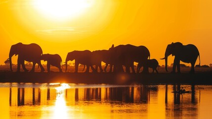 Fototapeta premium A herd of elephants crosses a bridge over a body of water as the sun sets behind them