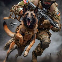 Fototapeta premium Military dog in action with his handler, war, anti-terrorism