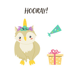 Childrens birthday card template. Celebration design for anniversary. Cute animal with gift.