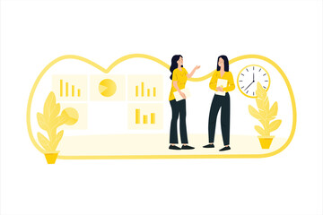 Teamwork vector illustration. Workers are working on the project. Office routine. Business. Office work. Productivity. Achievements of goals. Friendly atmosphere at work. Brainstorming