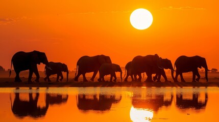 Fototapeta premium A herd of elephants wades through a body of water under a vibrant orange sky, with the sun casting long shadows behind