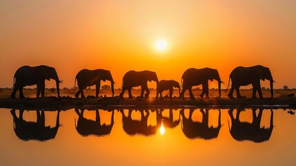 Fototapeta premium A group of elephants crossing a body of water as the sun sets behind them